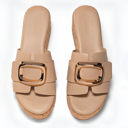 Amalfi Gold-Buckle Cork Platform Slides – Luxe Lift, Cloud-Soft Steps