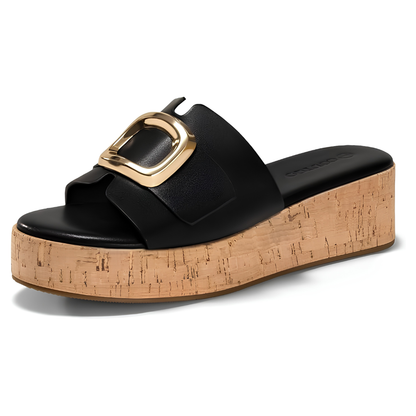 Amalfi Gold-Buckle Cork Platform Slides – Luxe Lift, Cloud-Soft Steps