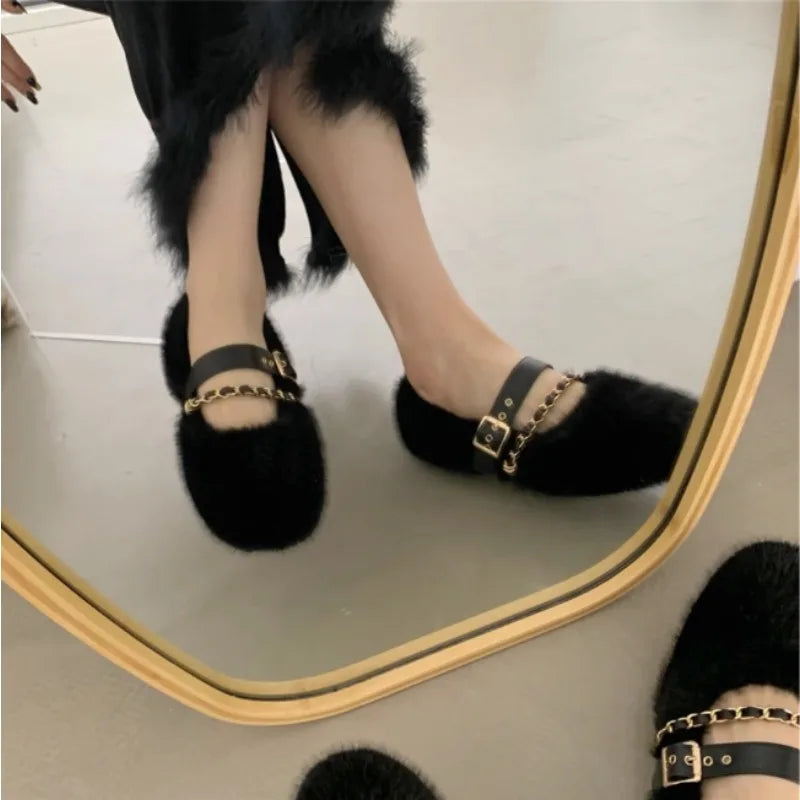 Chic Mary Jane Fur Flats