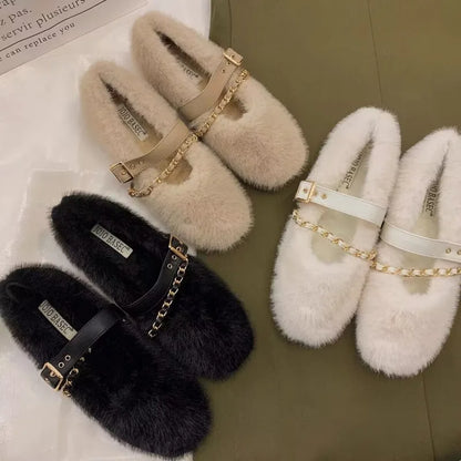 Chic Mary Jane Fur Flats